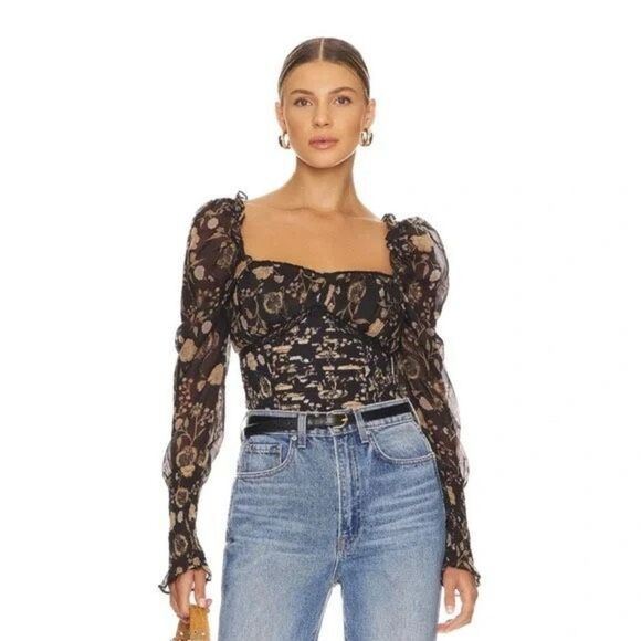 NWT Free People Brunch Date Bodysuit Floral Black size S - Picture 1 of 11